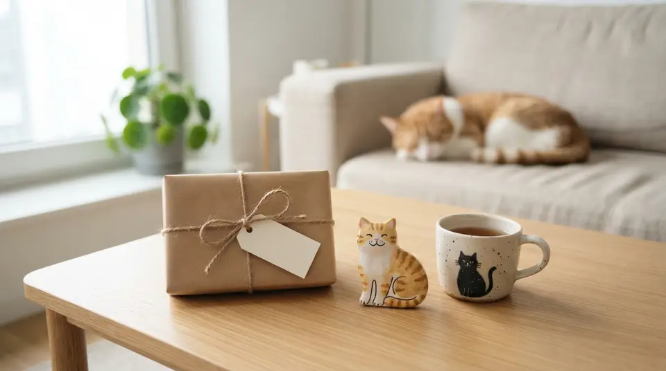 Verpacktes Geschenk mit Anhänger neben einer Katzenfigur und einer Tasse auf einem hellen Holztisch, dahinter schläft eine rot-weiße Katze auf dem Sofa
