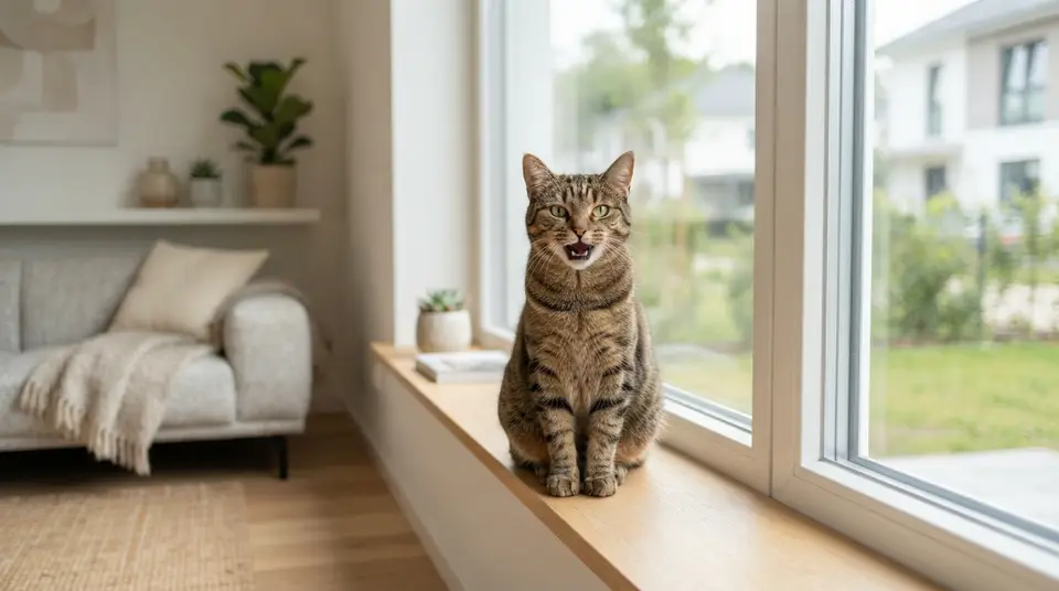 Getigerte Katze sitzt auf einer Fensterbank und miaut mit leicht geöffnetem Maul