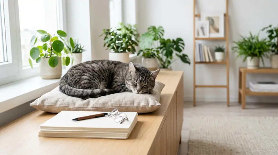 Ältere grau getigerte Katze schläft auf einem Leinenkissen auf einem hellen Sideboard, daneben ein Stapel Unterlagen mit Stift und Lesebrille
